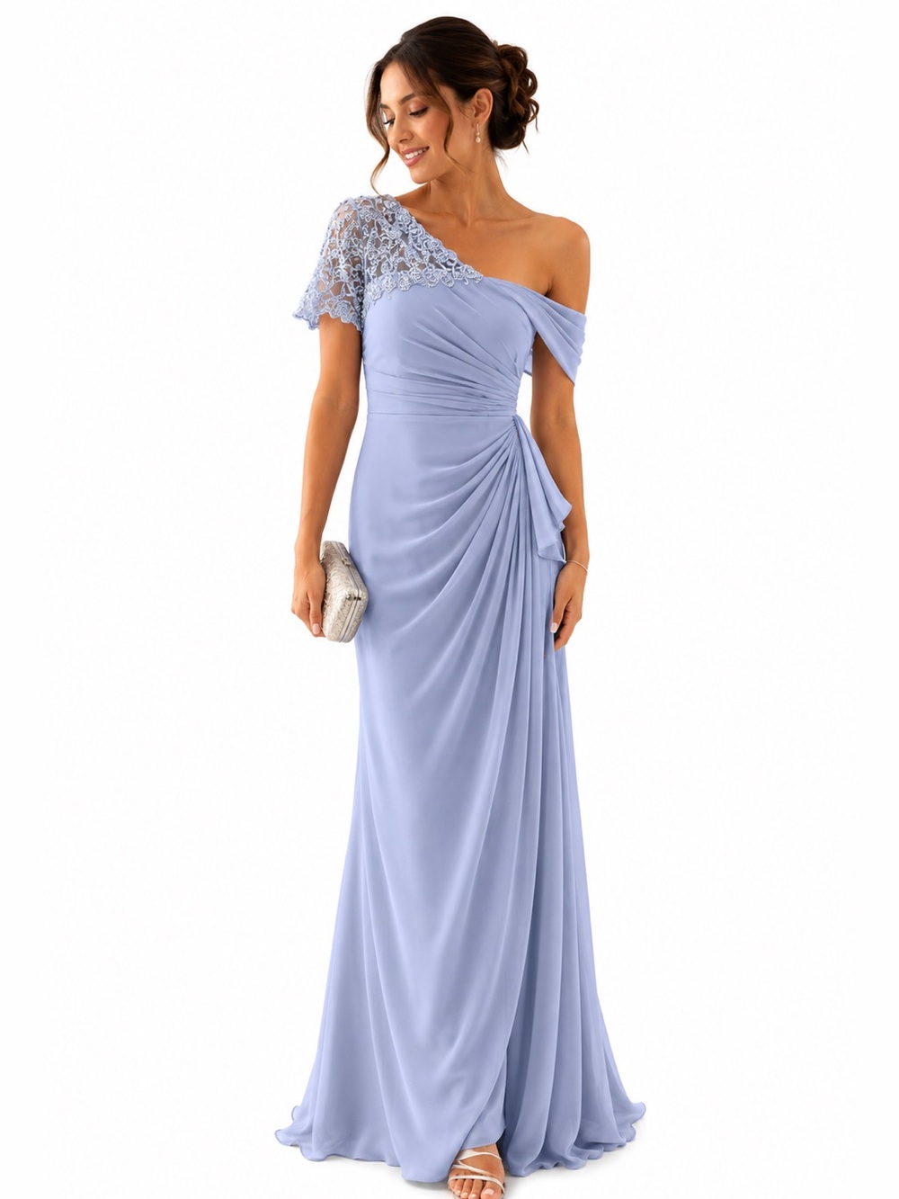 Periwinkle Blue One Shoulder Chiffon Gown Corset Lace Up Formal Dress Size 8